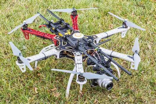 FORT COLLINS, CO, USA, November 22,  2014:  DJI  F550 Flame Wheel  hexacopter drone, assembled from a kit, ready to fly with a prosumer camera.