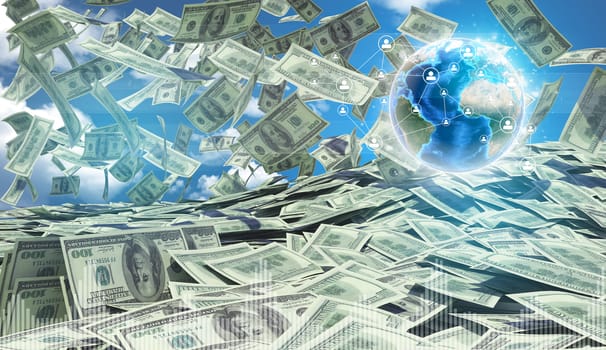 American money falling. Against background of globe earth and blue sky with clouds. Elements of this image furnished by NASA