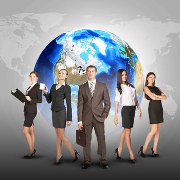 Business women and men in suits, smiling and looking at camera. Against the background of globe and world map. Elements of this image furnished by NASA