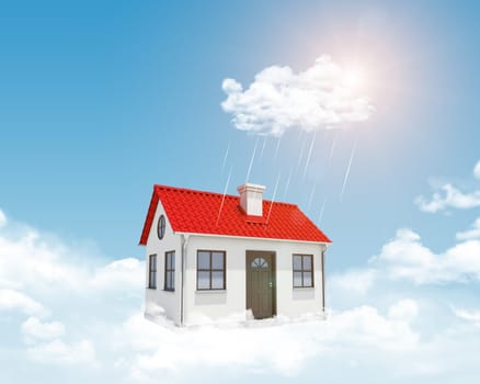 White house with red roof, brown door and chimney in clouds. Background sun shines brightly and drizzle. Blue sky