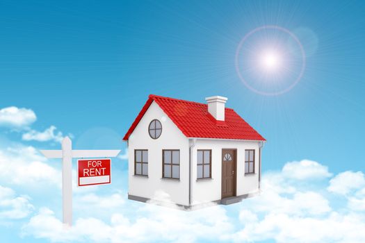 White house with red roof, brown door and chimney in cloud. Near there is signboard for rent. Background sun shines brightly. Blue sky