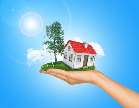 White shack in hand with red roof, brown door and chimney. Background sun shines brightly on left. Blue sky