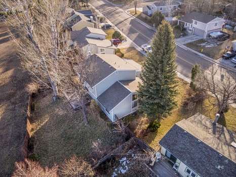 FORT COLLINS, CO, USA - JANUARY 25, 2015: Aerial view of typical residential neighborhood along Front Range of Rocky Mountains in Colorado,  wintertime.