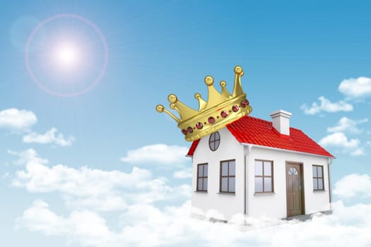 White house with red roof, crown, brown door and chimney in cloud. Background sun shines brightly. Blue sky