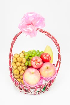 Rattan Basket of Fruits with Ribbon Bow.