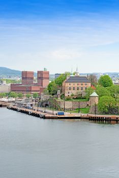 View on Oslo Radhuset (town hall) and Akershus from the sea, Oslo, Norway