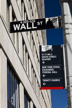 New York, USA - October 5, 2014: Wall Street street sign on the pole in New York. Wall Street is 0.7 miles long street which gave its name to the the financial district of New York City.