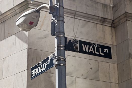 New York, USA - October 5, 2014: Wall Street street sign on the pole in New York. Wall Street is 0.7 miles long street which gave its name to the the financial district of New York City.