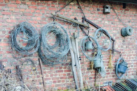 Various wire coils on a wall.