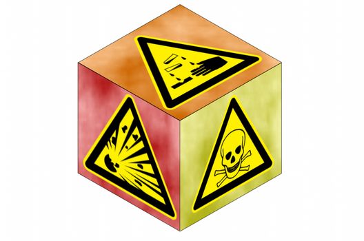 Cube with triangular danger signs in front of a light background.