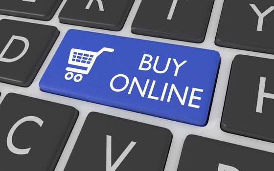 Illustration of a blue computer keyboard button with a shopping cart symbol and the words "Buy Online"