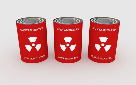 Illustration of three cans of food with the words "contaminated" and toxic symbol