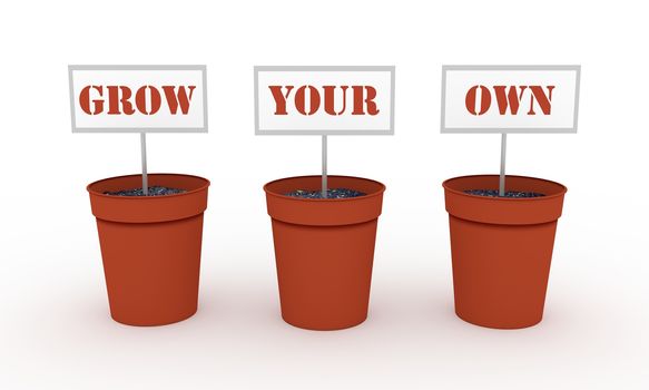 Illustration of three plant pots each with a sign that together say "Grow Your Own"