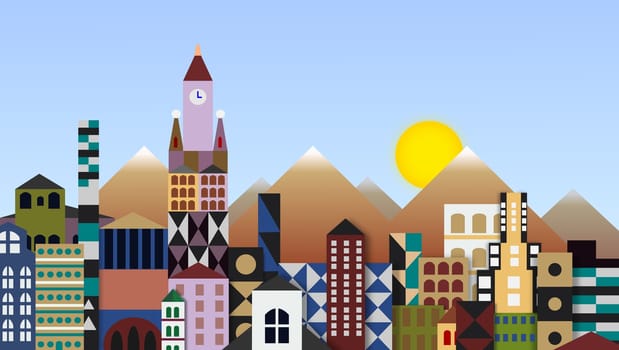Illustration of city buildings with mountains and sun in the background