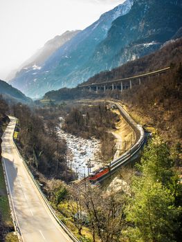 typical Swiss landscape, valleys between mountains, snow and trains