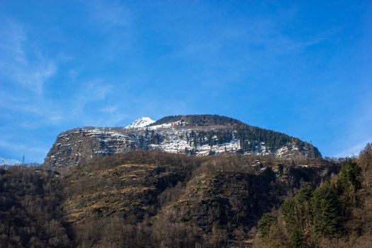 typical Swiss landscape, valleys between mountains, snow and trains