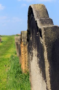 Scenic view of old gravestones in a rural cemetery with the focus on the stone in the foreground.