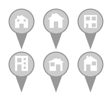 Set of modern house map pin icons in a white background.
