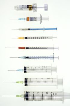 A selection of syringes and hypodermic needles used in medicine to give injections