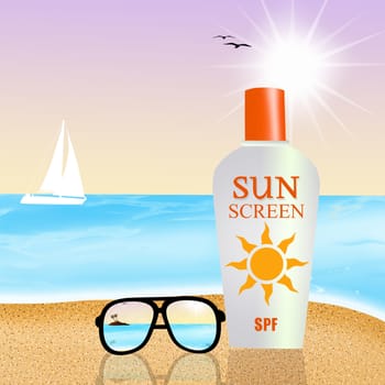 illustration of solar lotion on the beach