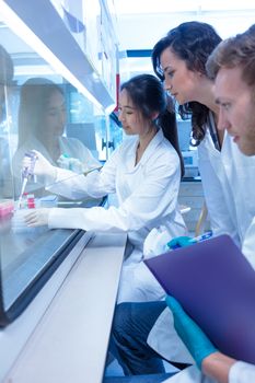 Science students using pipette in the lab at the university