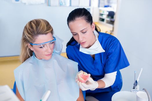 Dentist showing patient model of teeth at the dental clinic