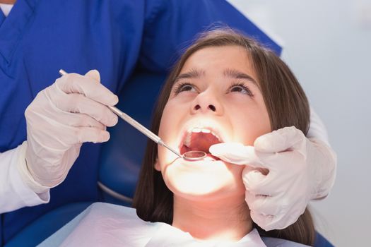 Pediatric dentist examining her young patient in dental clinic