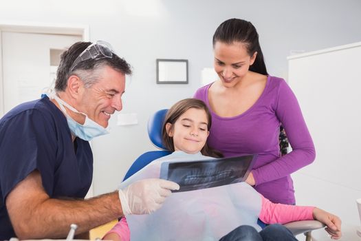 Pediatric dentist explaining to mother and her daughter the x-ray in dental clinic