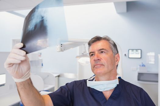 Serious dentist examining a x-ray in dental clinic