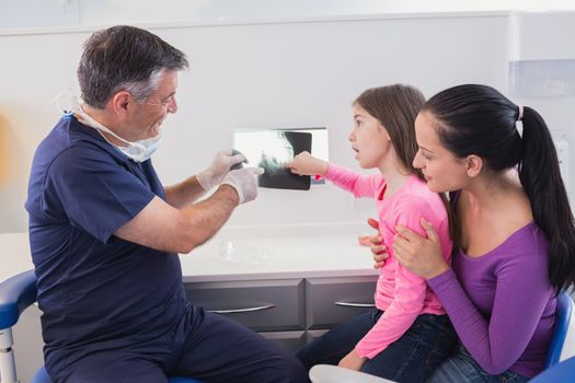 Pediatric dentist explaining to young patient and her mother the x-ray in dental clinic