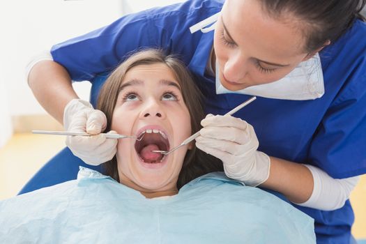 Pediatric dentist using dental explorer and angled mirror in mouth open of a patient 