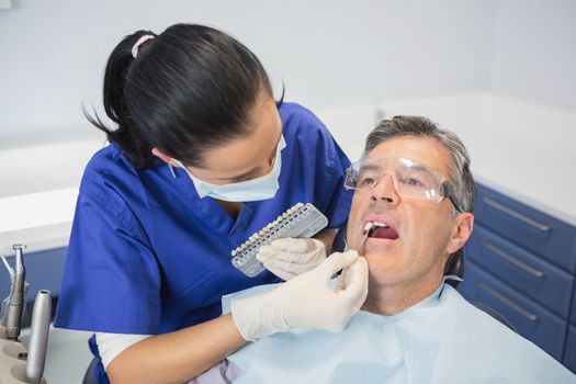 Dentist comparing teeth whitening of her patient in dental clinic