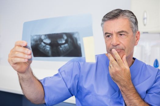 Thoughtful dentist studying x-ray attentively in dental clinic