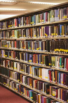 Close up of a bookshelf in library