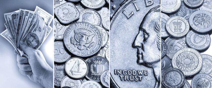 Coins and banknotes - Bimetallic coins from around the world, Silver coins, Handful of US Dollar Banknotes and close up of a United States Quarter with the inscription In God we Trust.