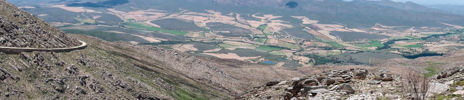 View from the Swartberg Pass to the East showing farms down in the valley