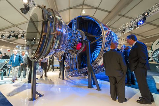 An exhibition by Rolls-Royce of the Boeing 787 power unit - the Trent 1000 jet engine at the Farnborough Airshow, UK on July 12, 2012