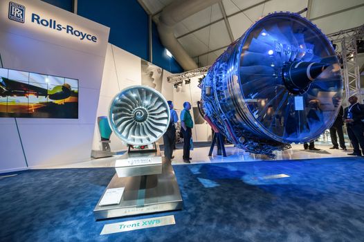 An exhibition by Rolls-Royce jet engines at the Farnborough Airshow, UK on July 12, 2012