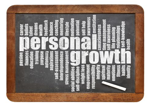 personal growth word cloud on a slate blackboard isolated on white