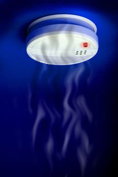 smoke detector with smoke and red light on the dark blue background