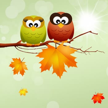 illustration of owls with leaf