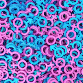 Background composed of many male and female gender symbols. High resolution 3D image