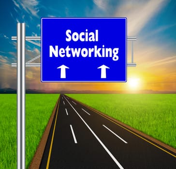 Blue Road Sign concept Social Networking on soft natural landscape background.