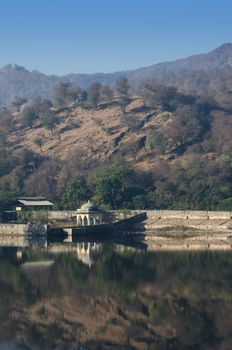 Pavilion with Landscape of Amber Fort in Jaipur, Rajasthan, India 