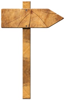 Wooden directional sign with one empty arrow isolated on white background
