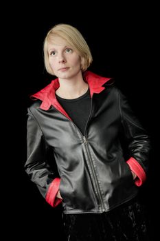 Woman Posing with a reversible Black and Red Leather Jacket