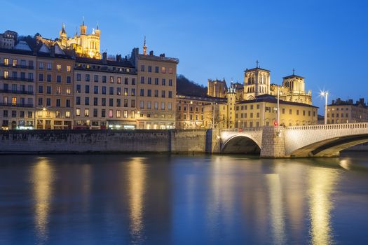 Lyon with Saone river at night, France.