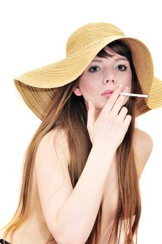 smoking nude woman over the white background