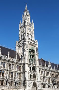 Medieval Town Hall building with spires Munich Germany.