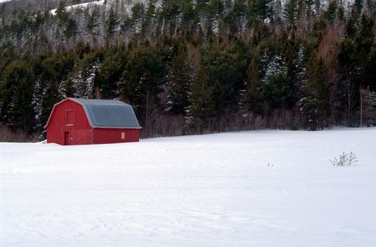 Red Barn in a snowy field